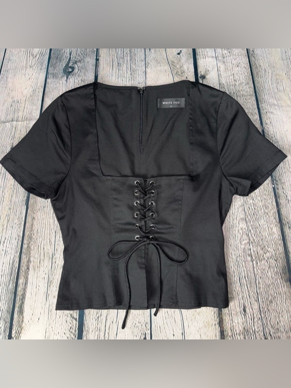 White Fox Boutique Lace Up Front Black Top Stretchy Edgy Goth Festival Sz Medium